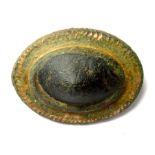 Roman Brooch.  Circa, 2nd-3rd century AD. Copper-alloy/glass, 7.09 g, 27.03 mm. An oval gilded plate