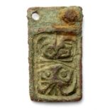 Viking Strap End.  Circa, 9th-10th century AD. Copper-alloy, 32mm x 19mm. A rectangular gilded