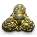 Carolingian trefoil mount. A heavily gilded bronze trifoliate mount from a sword scabbard circa