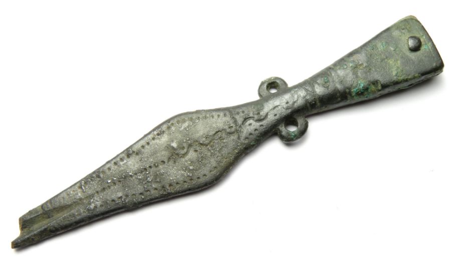 Roman Strap-End  Circa, 4th century AD. Copper-alloy, 70 mm x 17 mm. 10.6 g. A cast bronze strap end