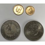 George V 1911P Full Sovereign, Edward VII Half Sovereign 1907 and two commemorative  crowns.