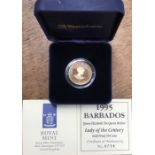 1995 Barbados 14ct Gold Proof $10 coin, in Original Case with Certificate.