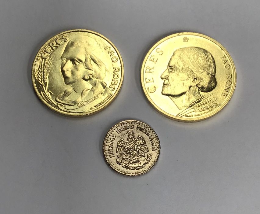 Two 22ct Gold Hallmarked 1973 & 1974 Tokens  approximately 7.8g each, with a Mexico 1945 gold Two