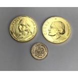 Two 22ct Gold Hallmarked 1973 & 1974 Tokens  approximately 7.8g each, with a Mexico 1945 gold Two