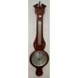 A mahogany cased and paterae inlaid ''banjo'' barometer thermometer having silvered register, height