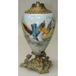 An Edwardian hand painted porcelain and gilt metal paraffin lamp base (converted and drilled for