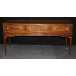 A mahogany and chequer strung converted square framed piano, the top having three frieze drawers,
