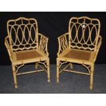 A pair of 18th century style bamboo pavilion armchairs, each having adjoined eliptical splat,