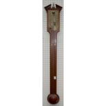 An 18th century style walnut cistern stick barometer having a brass register below a broken