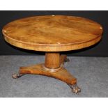 A Victorian rosewood breakfast table, the circular tilt top on upstanding turned Colum, concave