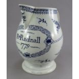 A late eighteenth century blue and white hand-painted pearlware named and dated jug, c. 1779. It