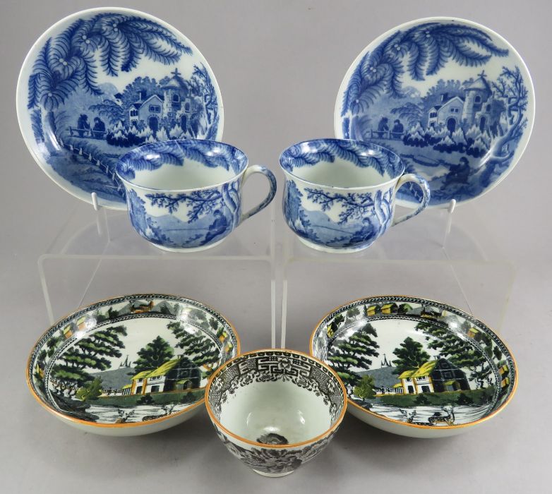 A group of early nineteenth century transfer-printed tea wares, c. 1820. To include:  two blue and