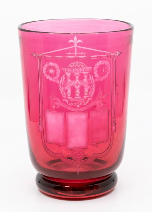 Masonic Interest, a ruby glass cylinder vase commemorating Trinity Lodge No.5179, found 1930,