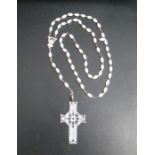 A String of Seed Pearl Rosary Beads with a Waterford Crystal Cross. Marked Waterford Unboxed Date