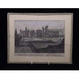 An early print of the Ruins of Glastonbury Abbey, framed, mounted and glazed (glass cracked) 23cm