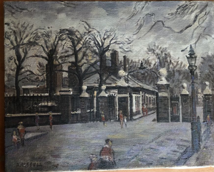 B. Russell (English School) The Royal Hospital Chelsea, oil on canvas unframed 41cm x 51cm