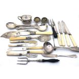 A collection of silver plated flatware, including:- two salts and mustard pot with liner and