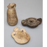 A Cypriot pottery juglet 750-600BC, a Roman pottery lamp, c 3rd century AD, a Byzantio pottery '