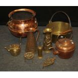 A copper and brass cauldron form coal bin, a brass preserve pan, Victorian copper kettle and other