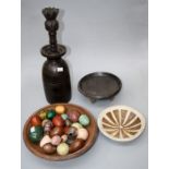 A quantity of hardstone, wood and composition eggs, six various wooden and ceramic bowls, a vase etc