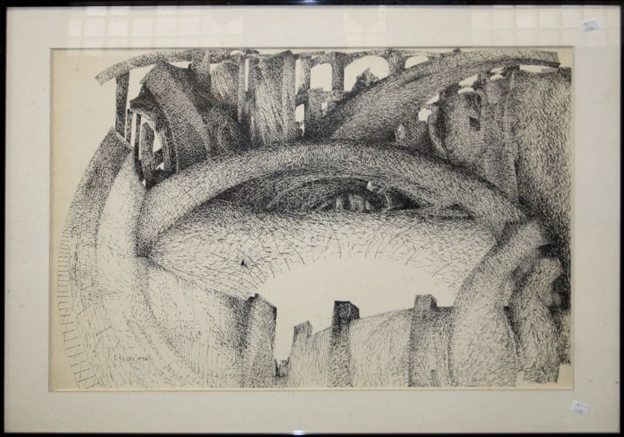 Anne Stichelmans (20th century) A semi-surrealist fortified landscape. Pen and ink, signed lower - Image 3 of 3