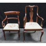 An early Victorian mahogany carver chair, with broad rail, scrolled arms, drop in seat on turned