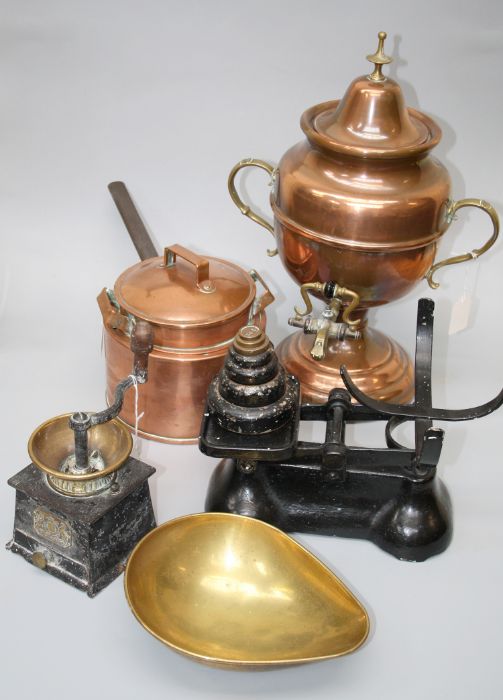 A Victorian copper samovar, copper kettle, shovel, warming coffee grinder and a set of pans scales