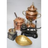 A Victorian copper samovar, copper kettle, shovel, warming coffee grinder and a set of pans scales