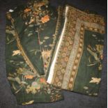 Two pairs of lined and interlined curtains, approx. 6' x 6' drop, green ground with Oriental crane