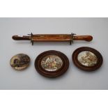 A mid 20th century Indian tourist ware carving set, together with three 19th century pot lids