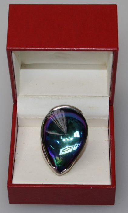 A Baccarat colour change glass and silver mounted pear shaped ring of large size, 4.5cm