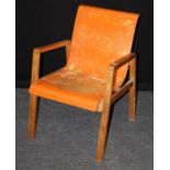 An Alvar Aalto laminated birch 51/403 chair painted in orange, some flakes and damage