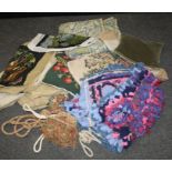 A quantity of wool tapestry cushion and other seat coverings, scatter cushions and tie backs
