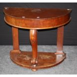A Victorian mahogany demi-lune washstand, converted for storage with rising lid, on cabriole support