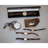 A silver cased Waltham pocket watch, a gent's Accurist gilt metal watch and three other gilt metal