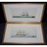 19th century British School, a three masted warship at anchor, watercolour, 23 x 54cm together