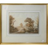 Early 19th century English school, figures on a path in an autumnal landscape, with cattle and