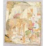 A mid 19th century tapestry, farm scene, 'Feeding the Horses', has been professionally cleaned,