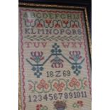 1869 Sampler in period frame along with hand coloured prints