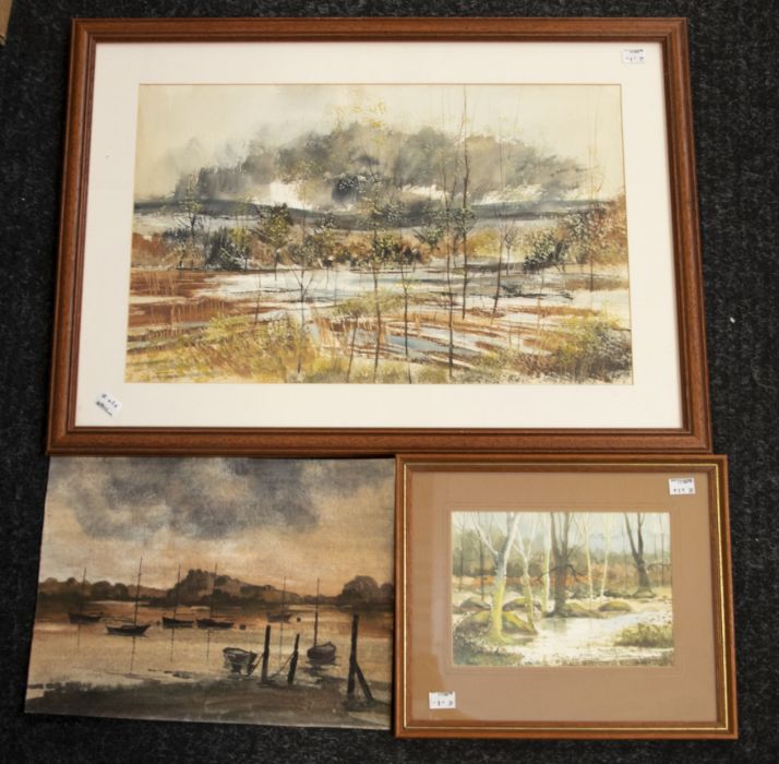 Collection of three watercolours: two  by C Rex James - 'Reflections, Burrator' 16 x 22cm and 34 x