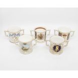 Five boxed Royal Crown Derby commemorative loving cups