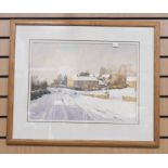 Watercolour by P Percy, Derbyshire artist, of a country snow scene, 38 x 52 cms approx