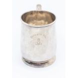 A George I silver plain tapering mug, handle thumbpiece engraved with initials, engraved with