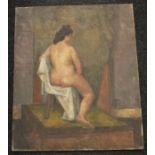 Early 20th Century oil on canvas of a nude lady sitting on a chair, still life to the reverse, early