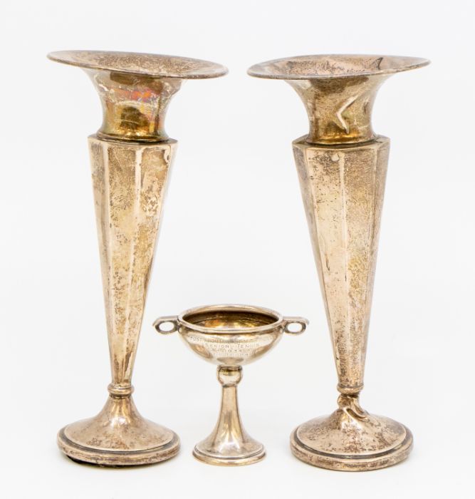 Two weighted silver vases (18cm high) hallmarks rubbed, together with a silver miniature trophy - Image 2 of 2