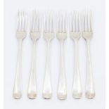 A set of six George III Hanoverian pattern dessert forks, each reverse handle engraved with a crest,