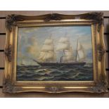 20th Century painting of ship, in gilt frame