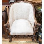 19th Century carved Jacobean style padded armchair with carved 17th Century style rail turned x