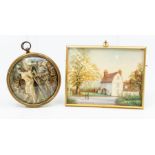 19th Century hand painted miniature of a village scene, by Peggy Doughty, 1893, on ivory, along with