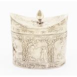 A late 19th Century German 930 standard silver tea caddy, oval the body chased with figures within